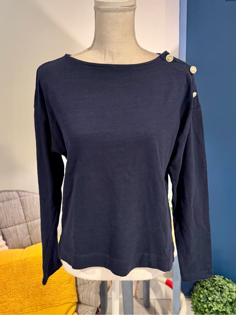 LOFT Navy Gold Button Shoulder Top XS